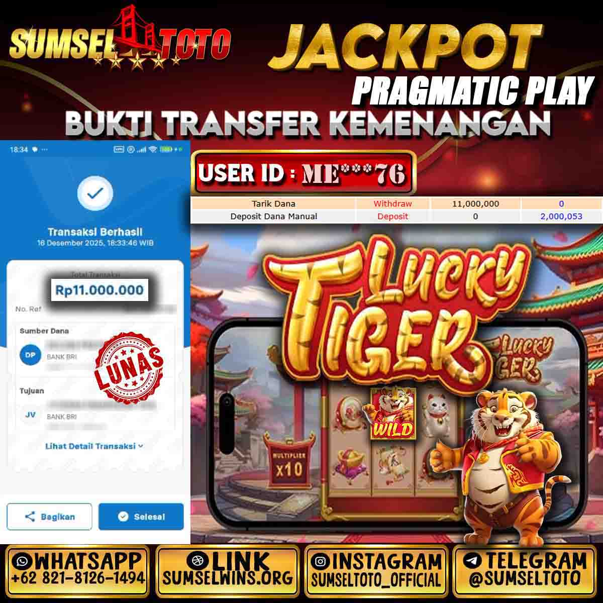 SUMSELTOTO JACKPOT SLOT FORTUNE TIGER Rp.11.000.000.,- LUNAS
